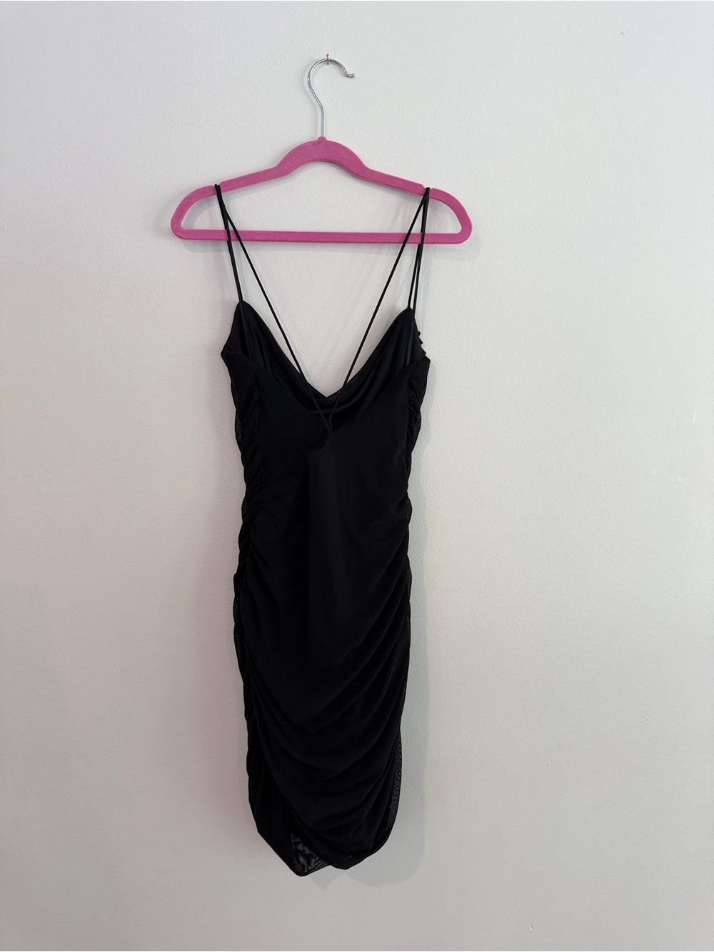 Elegant Black Ruched Mini Dress with Double Spaghetti Straps